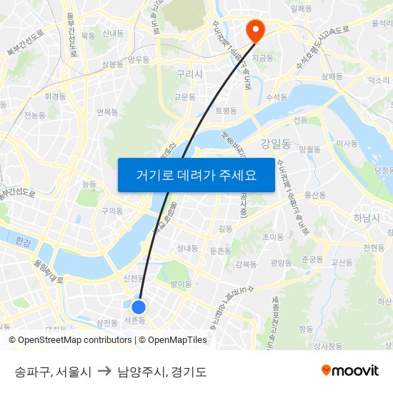 송파구, 서울시 to 남양주시, 경기도 map