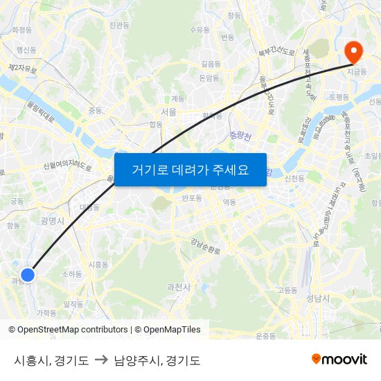 시흥시, 경기도 to 남양주시, 경기도 map