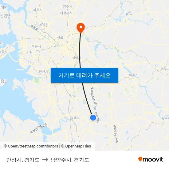 안성시, 경기도 to 남양주시, 경기도 map