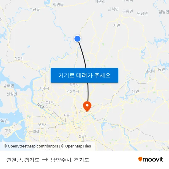 연천군, 경기도 to 남양주시, 경기도 map