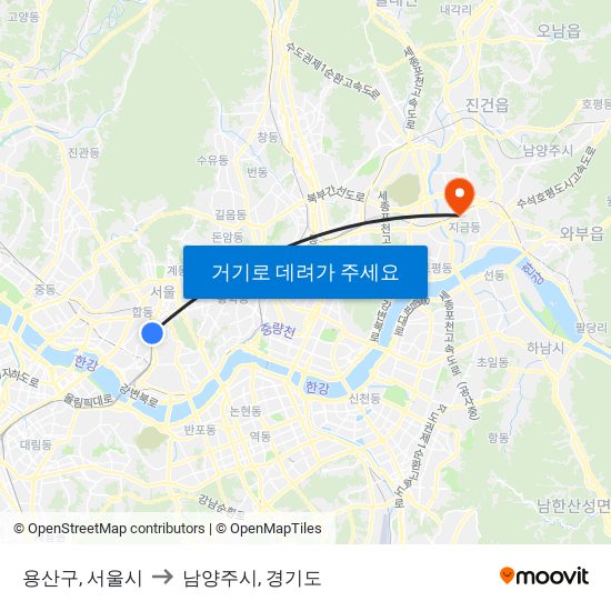 용산구, 서울시 to 남양주시, 경기도 map