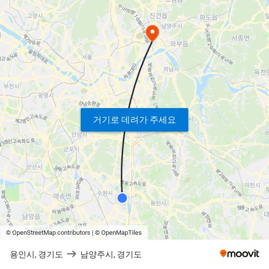 용인시, 경기도 to 남양주시, 경기도 map