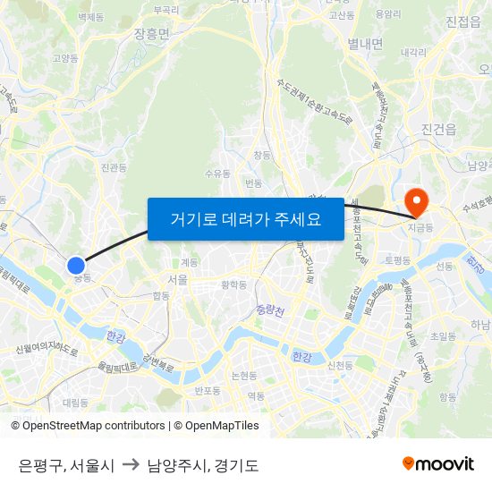 은평구, 서울시 to 남양주시, 경기도 map