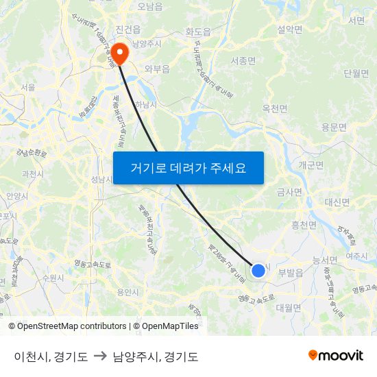 이천시, 경기도 to 남양주시, 경기도 map