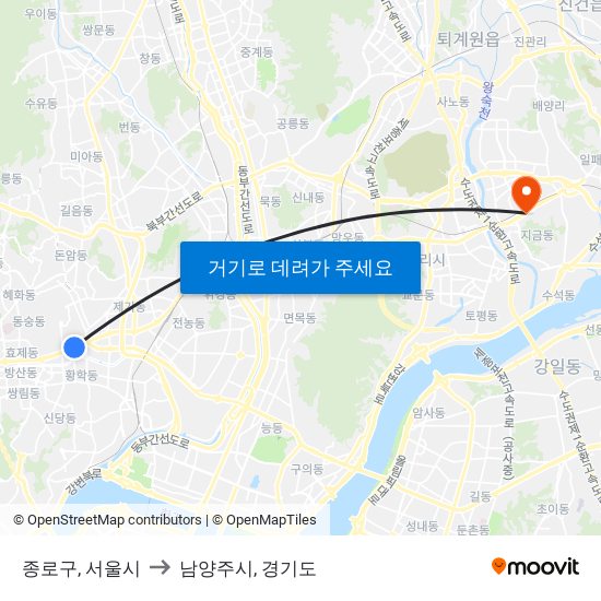 종로구, 서울시 to 남양주시, 경기도 map