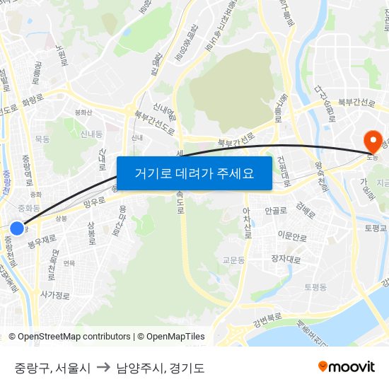 중랑구, 서울시 to 남양주시, 경기도 map