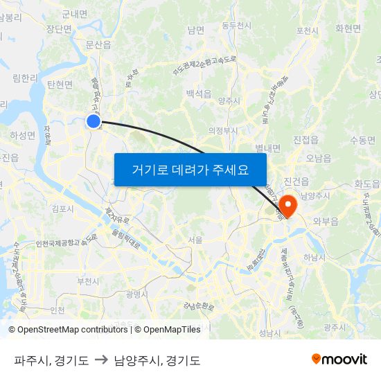 파주시, 경기도 to 남양주시, 경기도 map