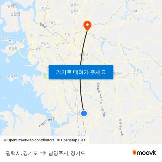 평택시, 경기도 to 남양주시, 경기도 map