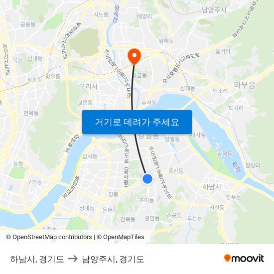 하남시, 경기도 to 남양주시, 경기도 map