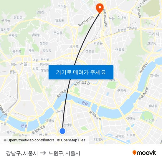 강남구, 서울시 to 노원구, 서울시 map