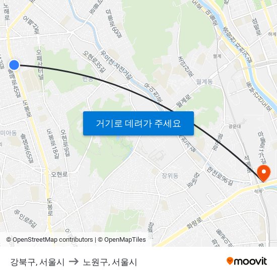 강북구, 서울시 to 노원구, 서울시 map