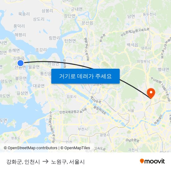 강화군, 인천시 to 노원구, 서울시 map