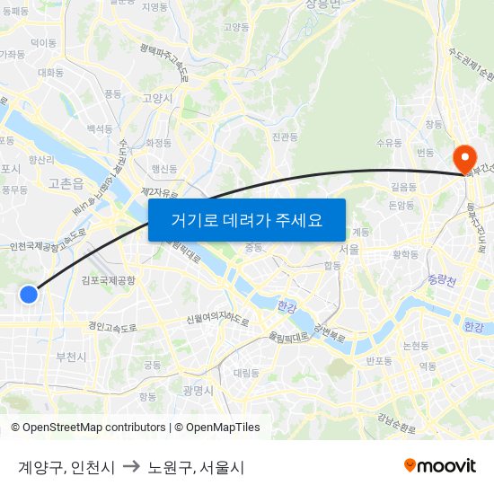 계양구, 인천시 to 노원구, 서울시 map