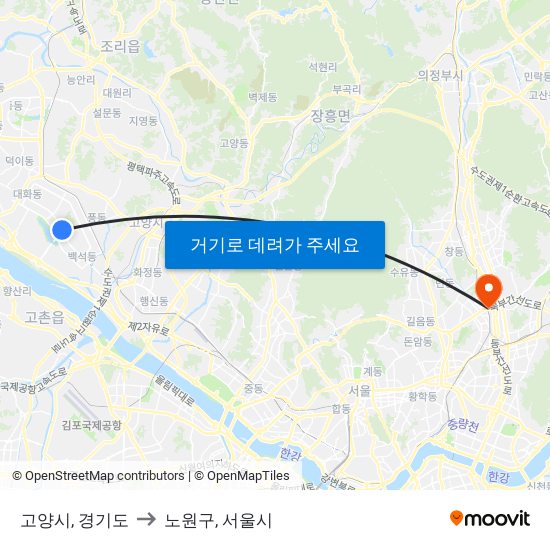 고양시, 경기도 to 노원구, 서울시 map