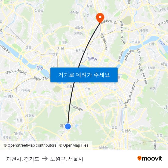 과천시, 경기도 to 노원구, 서울시 map