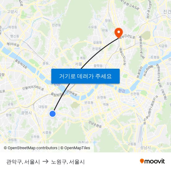 관악구, 서울시 to 노원구, 서울시 map