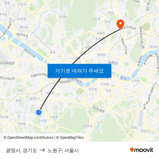 광명시, 경기도 to 노원구, 서울시 map
