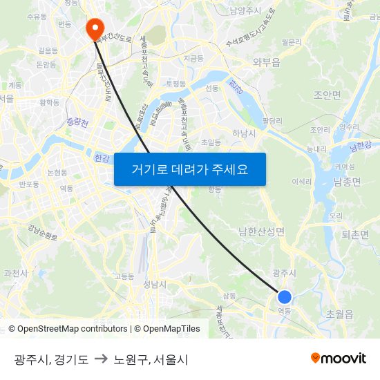 광주시, 경기도 to 노원구, 서울시 map