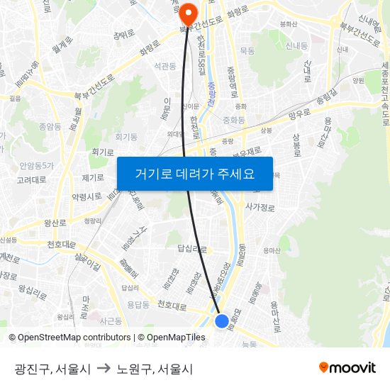 광진구, 서울시 to 노원구, 서울시 map