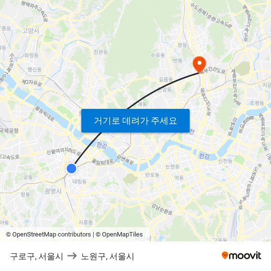 구로구, 서울시 to 노원구, 서울시 map