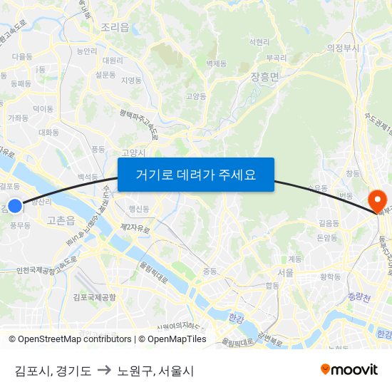 김포시, 경기도 to 노원구, 서울시 map