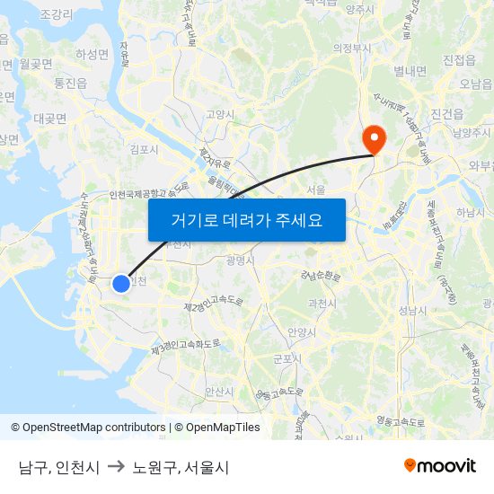 남구, 인천시 to 노원구, 서울시 map