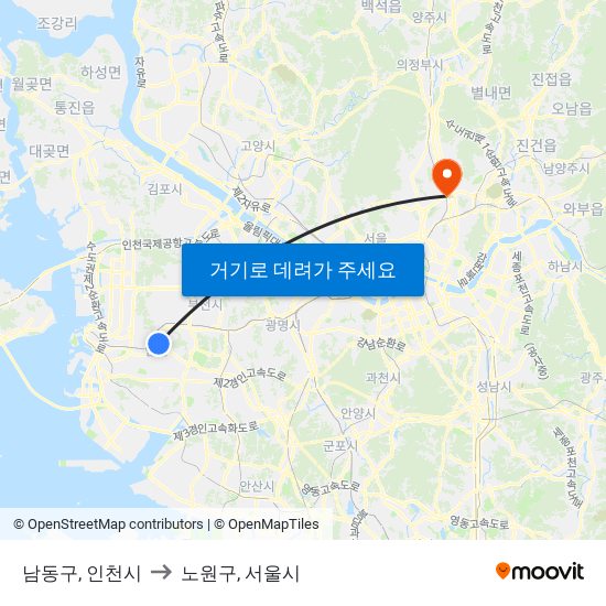 남동구, 인천시 to 노원구, 서울시 map
