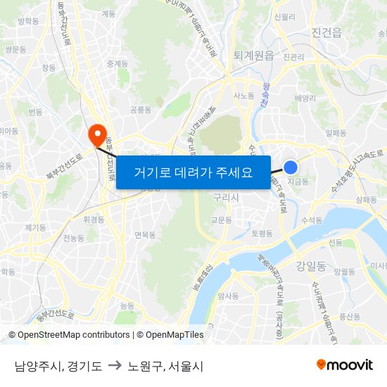 남양주시, 경기도 to 노원구, 서울시 map