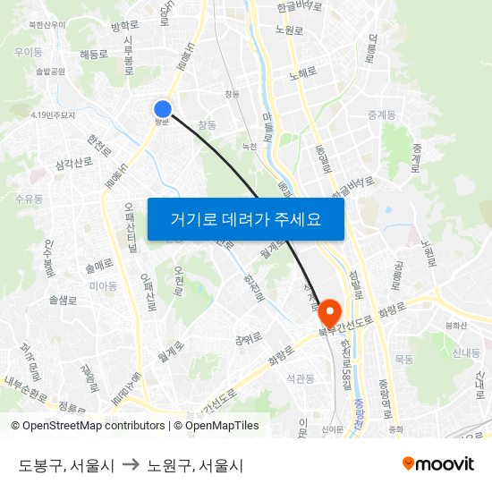 도봉구, 서울시 to 노원구, 서울시 map