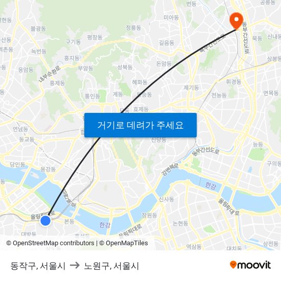동작구, 서울시 to 노원구, 서울시 map