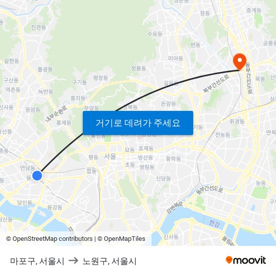 마포구, 서울시 to 노원구, 서울시 map