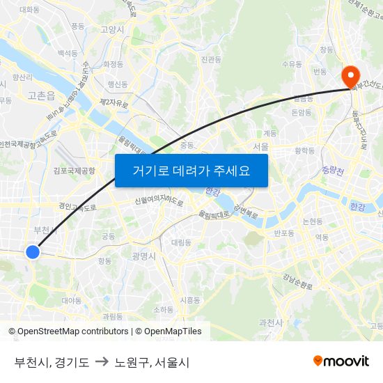 부천시, 경기도 to 노원구, 서울시 map