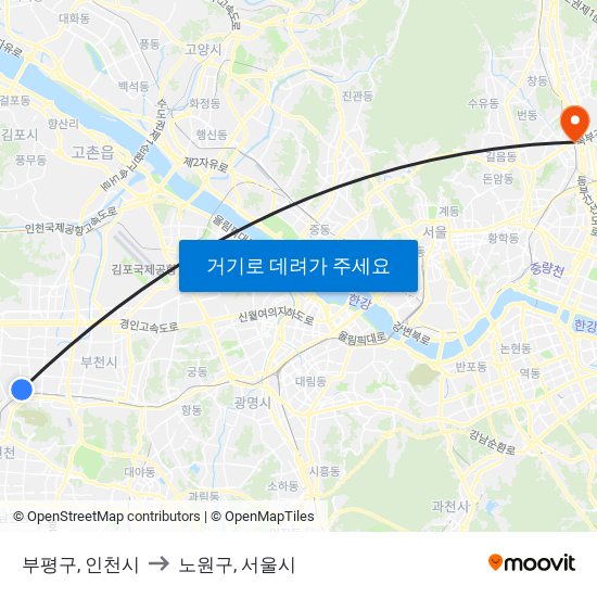 부평구, 인천시 to 노원구, 서울시 map