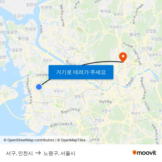 서구, 인천시 to 노원구, 서울시 map