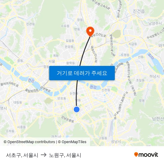서초구, 서울시 to 노원구, 서울시 map