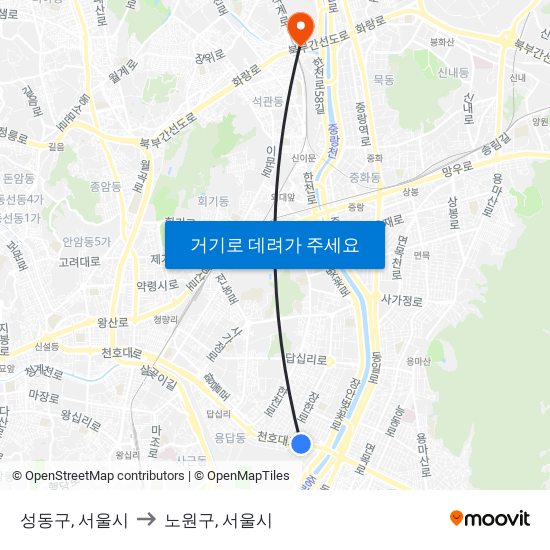 성동구, 서울시 to 노원구, 서울시 map