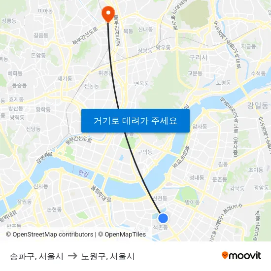 송파구, 서울시 to 노원구, 서울시 map