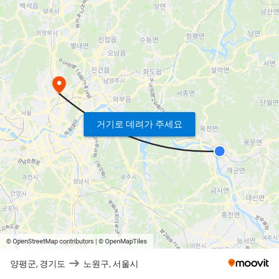 양평군, 경기도 to 노원구, 서울시 map