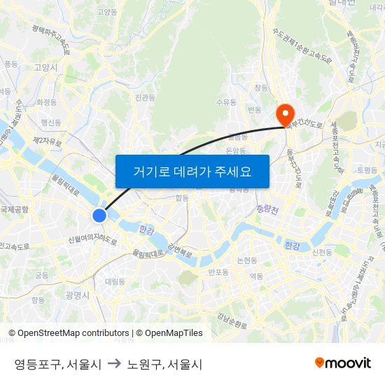 영등포구, 서울시 to 노원구, 서울시 map
