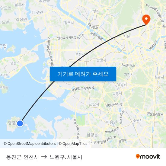 옹진군, 인천시 to 노원구, 서울시 map