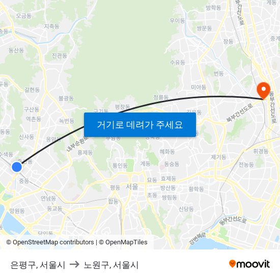 은평구, 서울시 to 노원구, 서울시 map