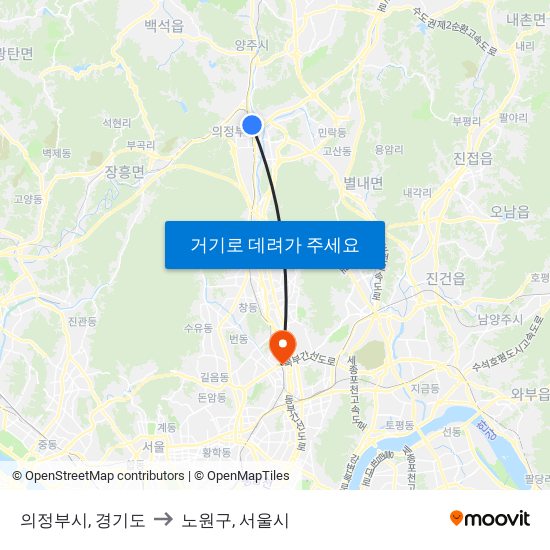 의정부시, 경기도 to 노원구, 서울시 map