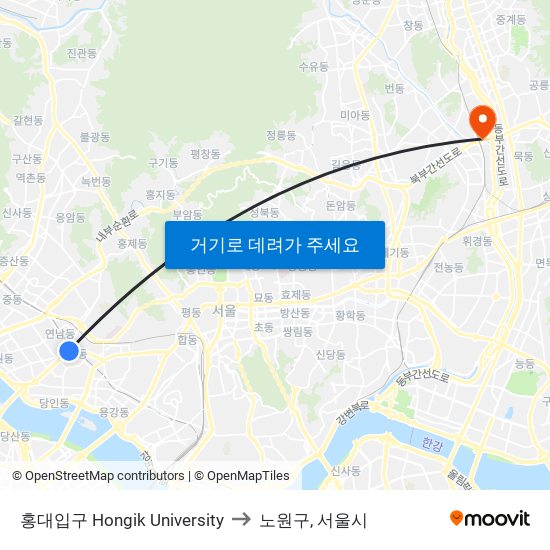 홍대입구 Hongik University to 노원구, 서울시 map