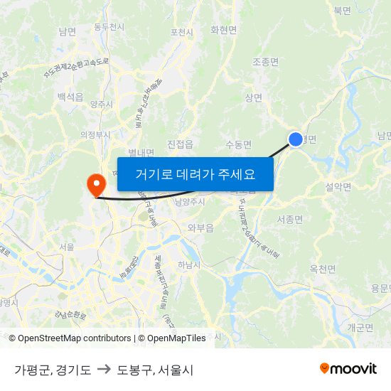 가평군, 경기도 to 도봉구, 서울시 map