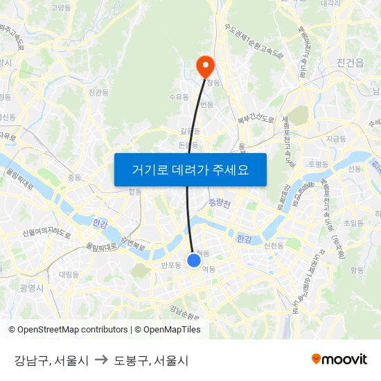 강남구, 서울시 to 도봉구, 서울시 map