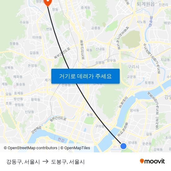 강동구, 서울시 to 도봉구, 서울시 map