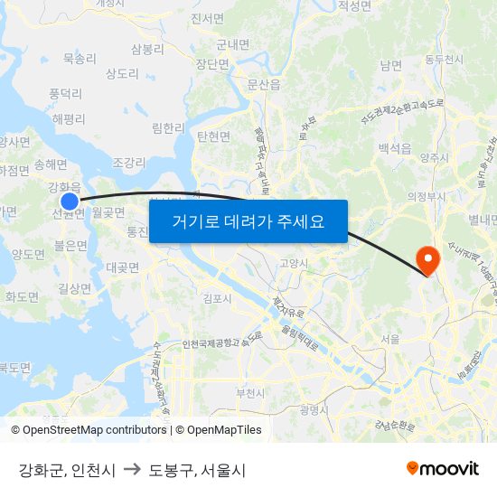 강화군, 인천시 to 도봉구, 서울시 map