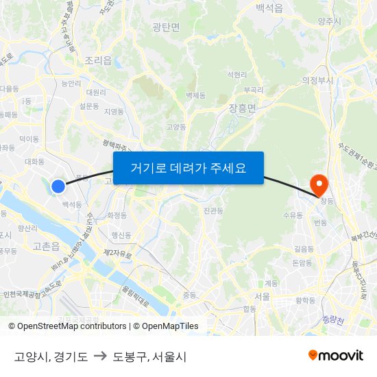 고양시, 경기도 to 도봉구, 서울시 map