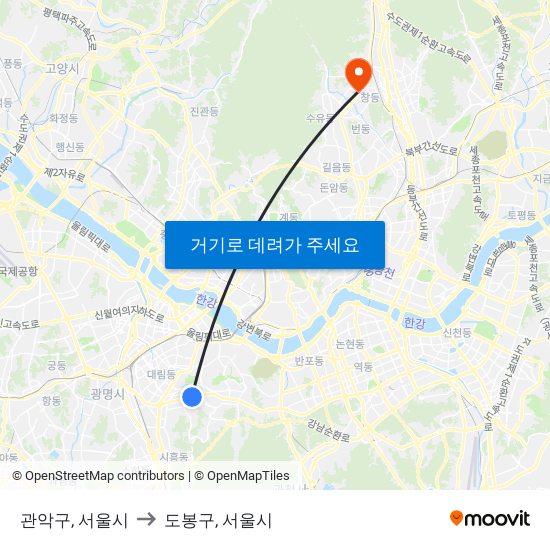 관악구, 서울시 to 도봉구, 서울시 map