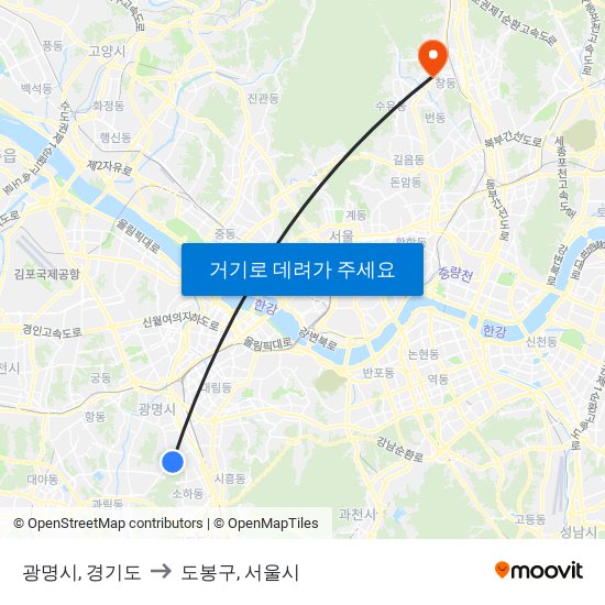 광명시, 경기도 to 도봉구, 서울시 map